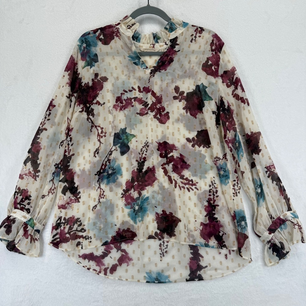 Soft Surroundings Primrose Floral Blouse Sz L Long Sleeve Ruffle Mock Neck
